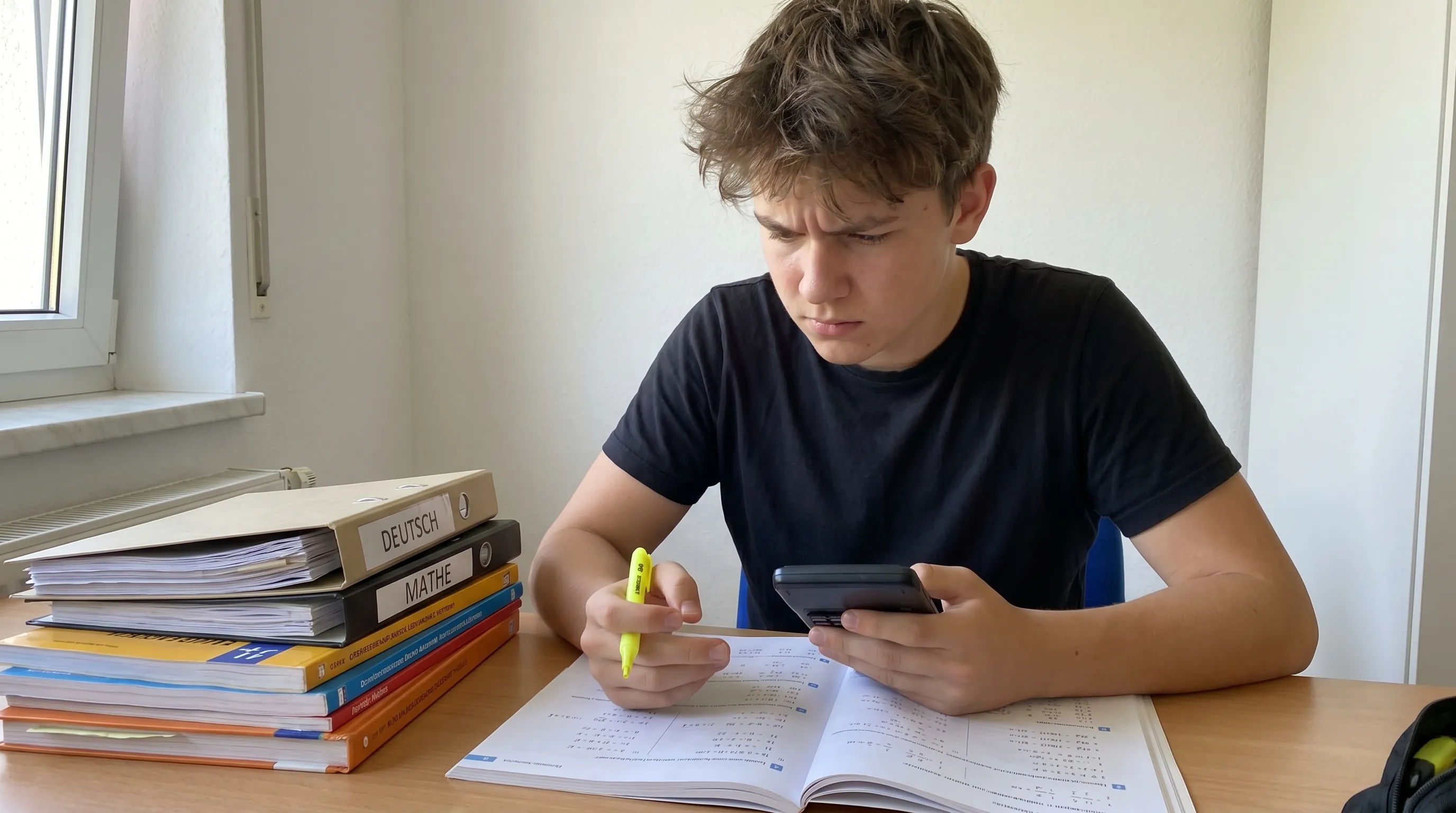 Jugendlicher sitzt konzentriert am Schreibtisch mit Lehrbüchern und Notizen für die Abschlussprüfung