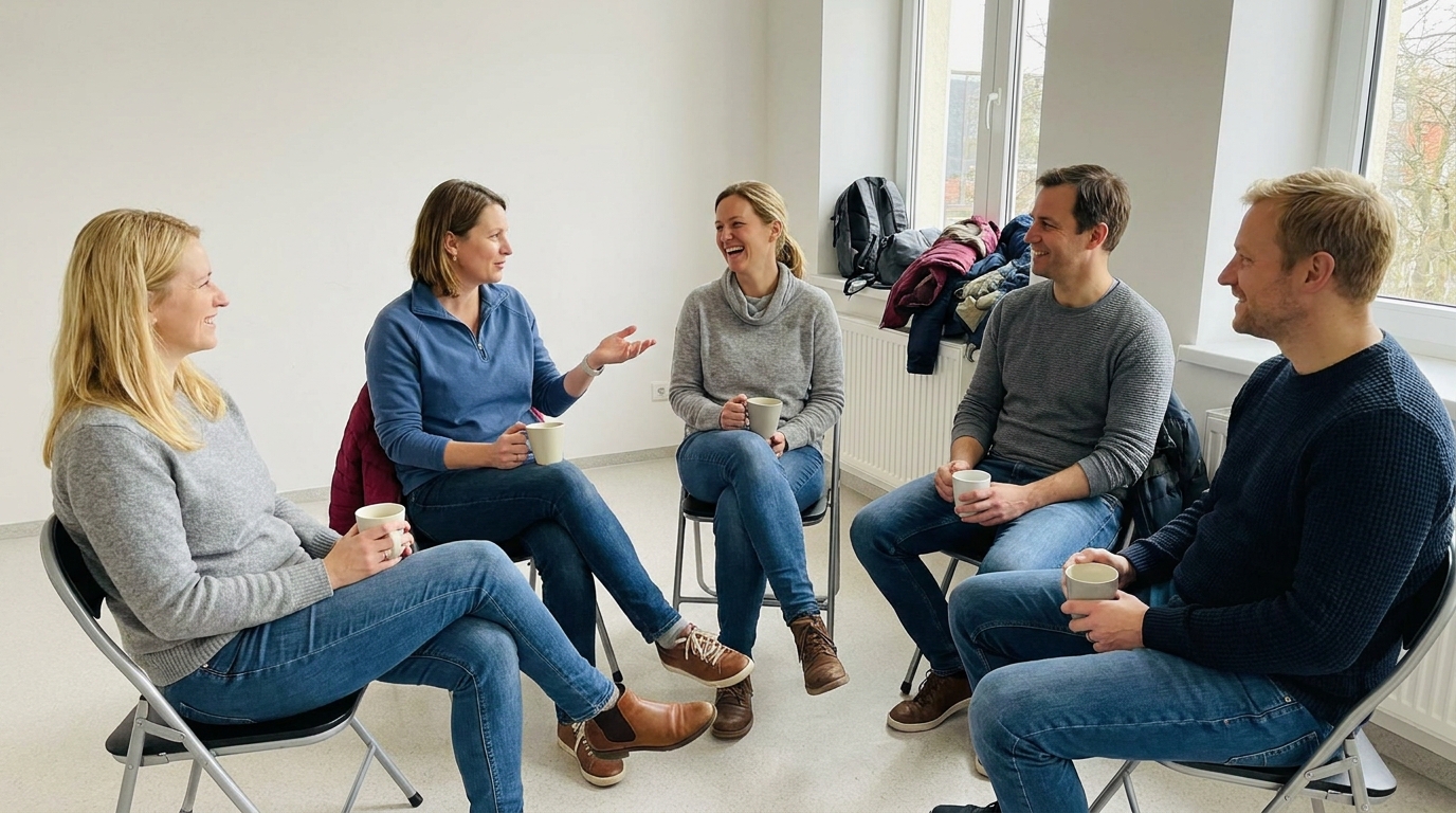 Eltern sitzen in einem Stuhlkreis und tauschen sich angeregt aus