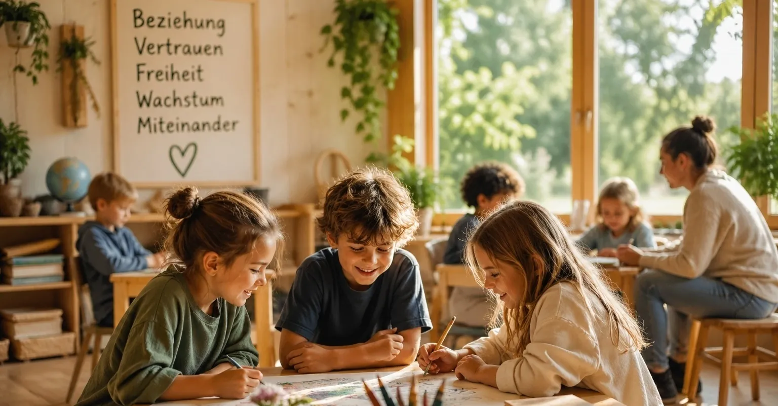 Lernende Kinder an einem Tisch in einem hellen Klassenzimmer mit Pflanzen und großen Fenstern