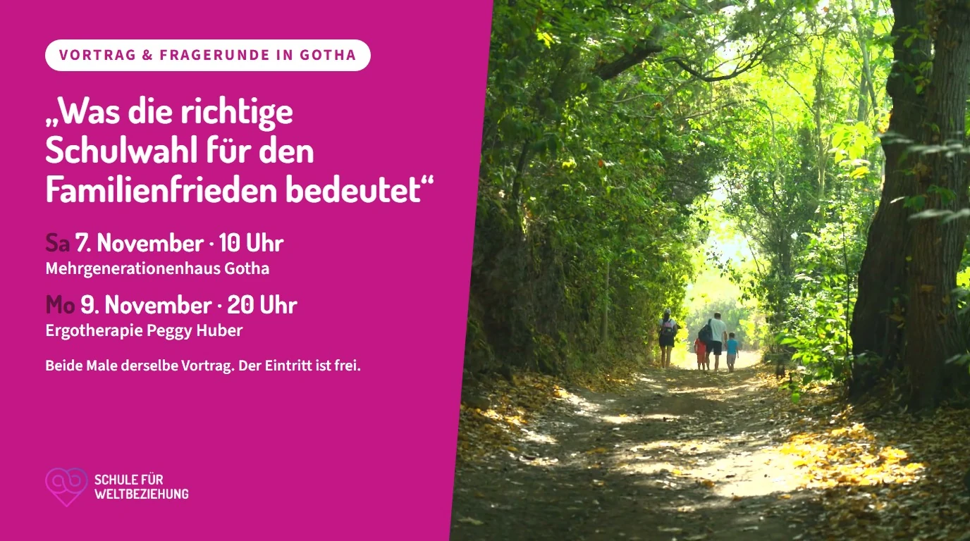 Vortrag in Gotha: Was die richtige Schulwahl für den Familienfrieden bedeutet. Sa 7. November, 10 Uhr, Mehrgenerationenhaus Gotha. Mo 9. November, 20 Uhr, Ergotherapie Peggy Huber. Beide Male derselbe Vortrag, der Eintritt ist frei.