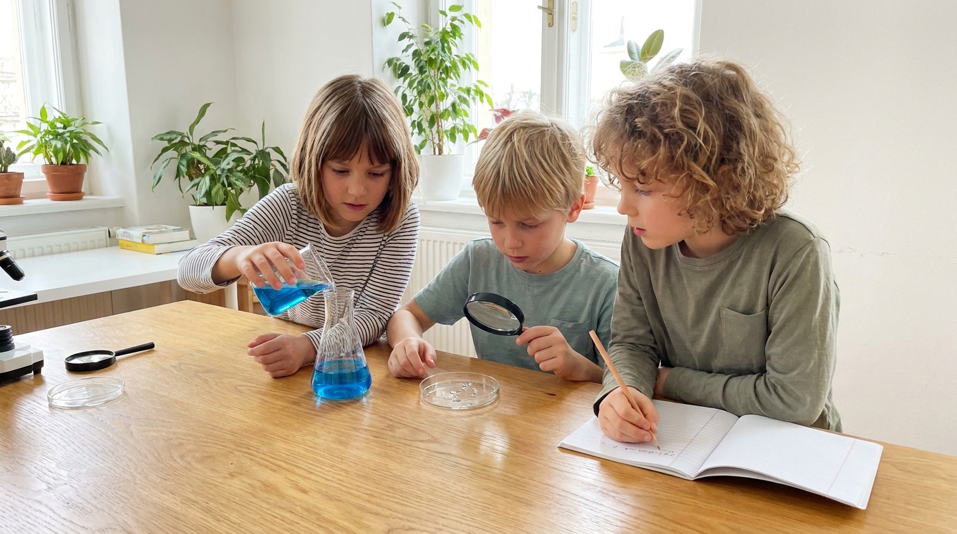 Drei Kinder erforschen gemeinsam mit Reagenzgläsern und Lupe ein einfaches Experiment am Klassenzimmertisch