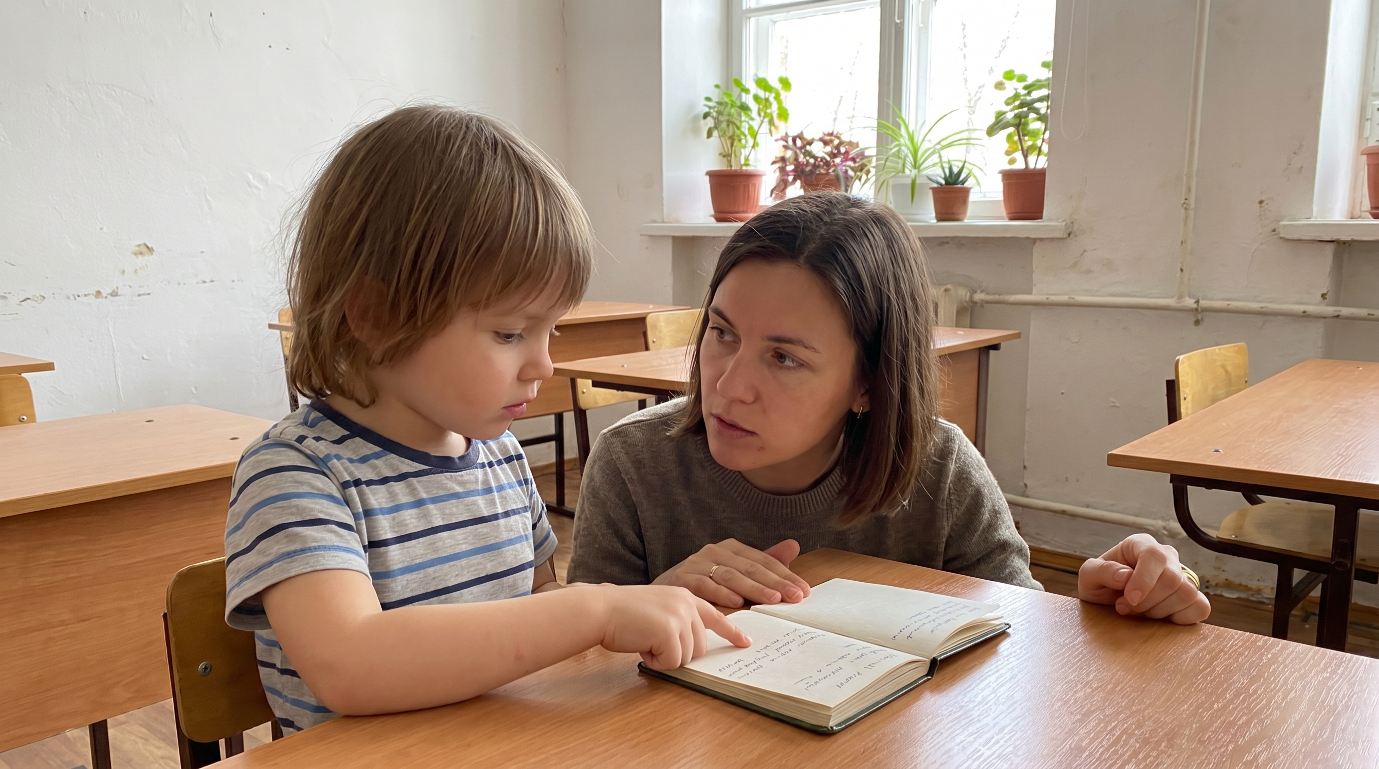 Pädagogische Fachkraft sitzt mit einem Kind am Tisch und schaut gemeinsam in ein Notizbuch