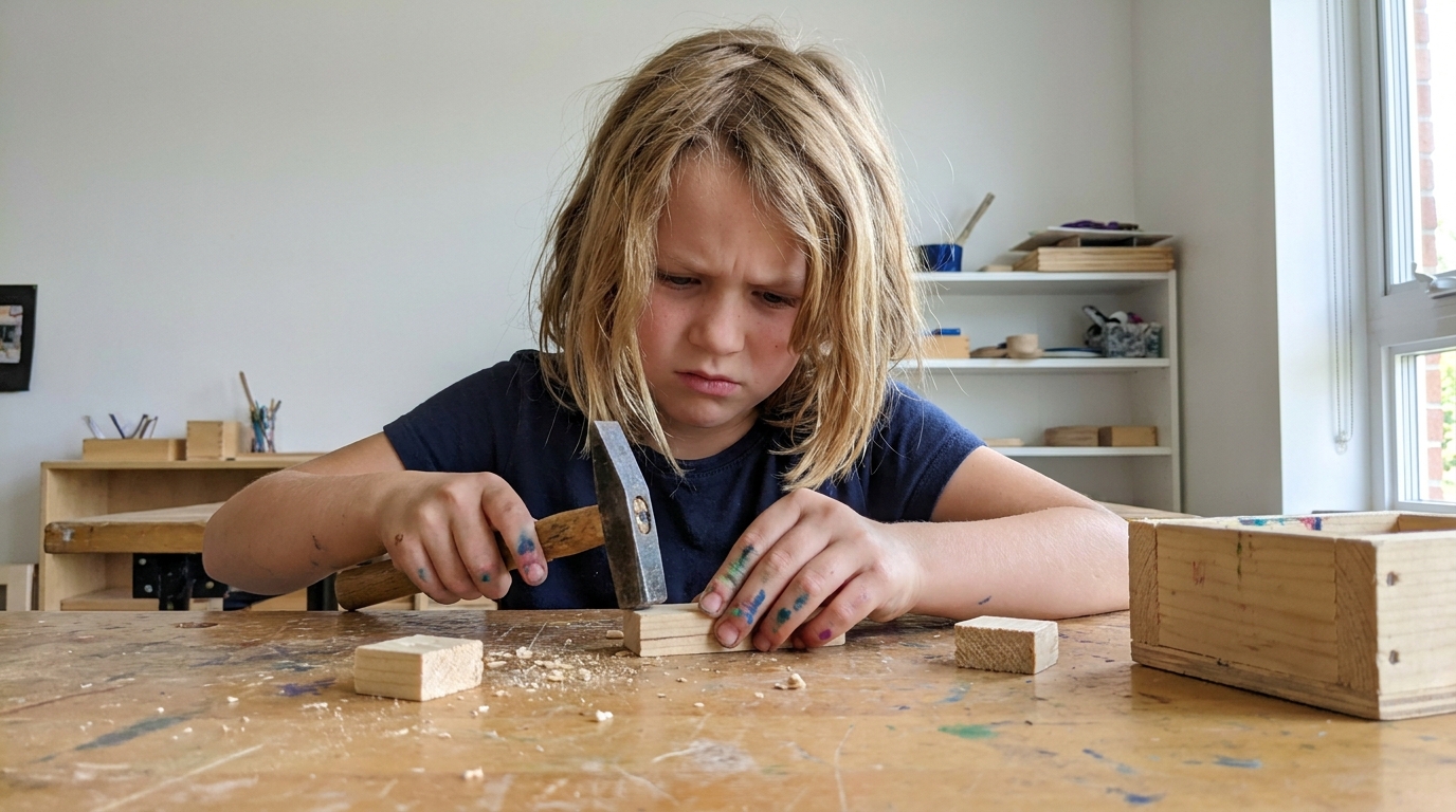 Kind arbeitet konzentriert mit Hammer und Holz an einem eigenen Projekt