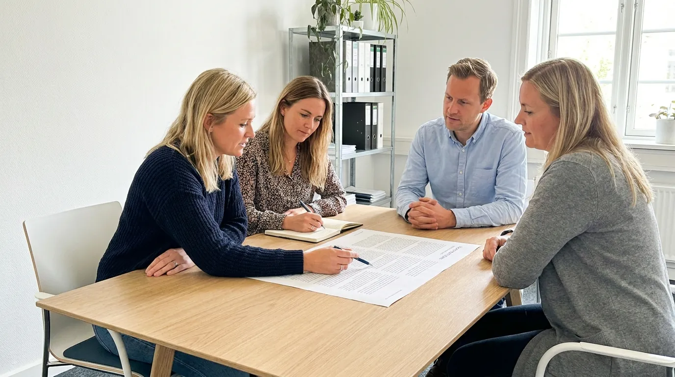 Vier Vertreter:innen des Trägers besprechen ein Dokument am Konferenztisch